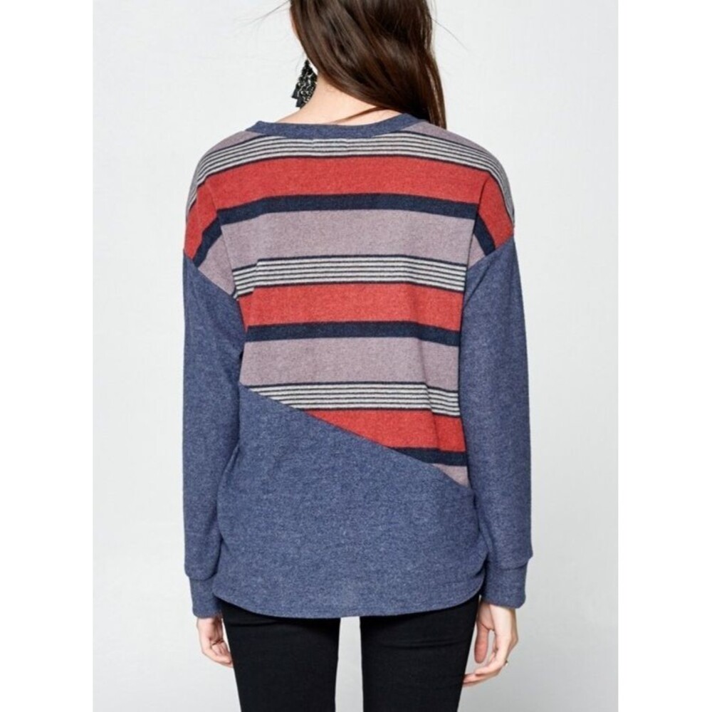 Women’s Long Sleeve Striped Top Navy Rust Tie Front Detail Size M Runs Large - Picture 5 of 9